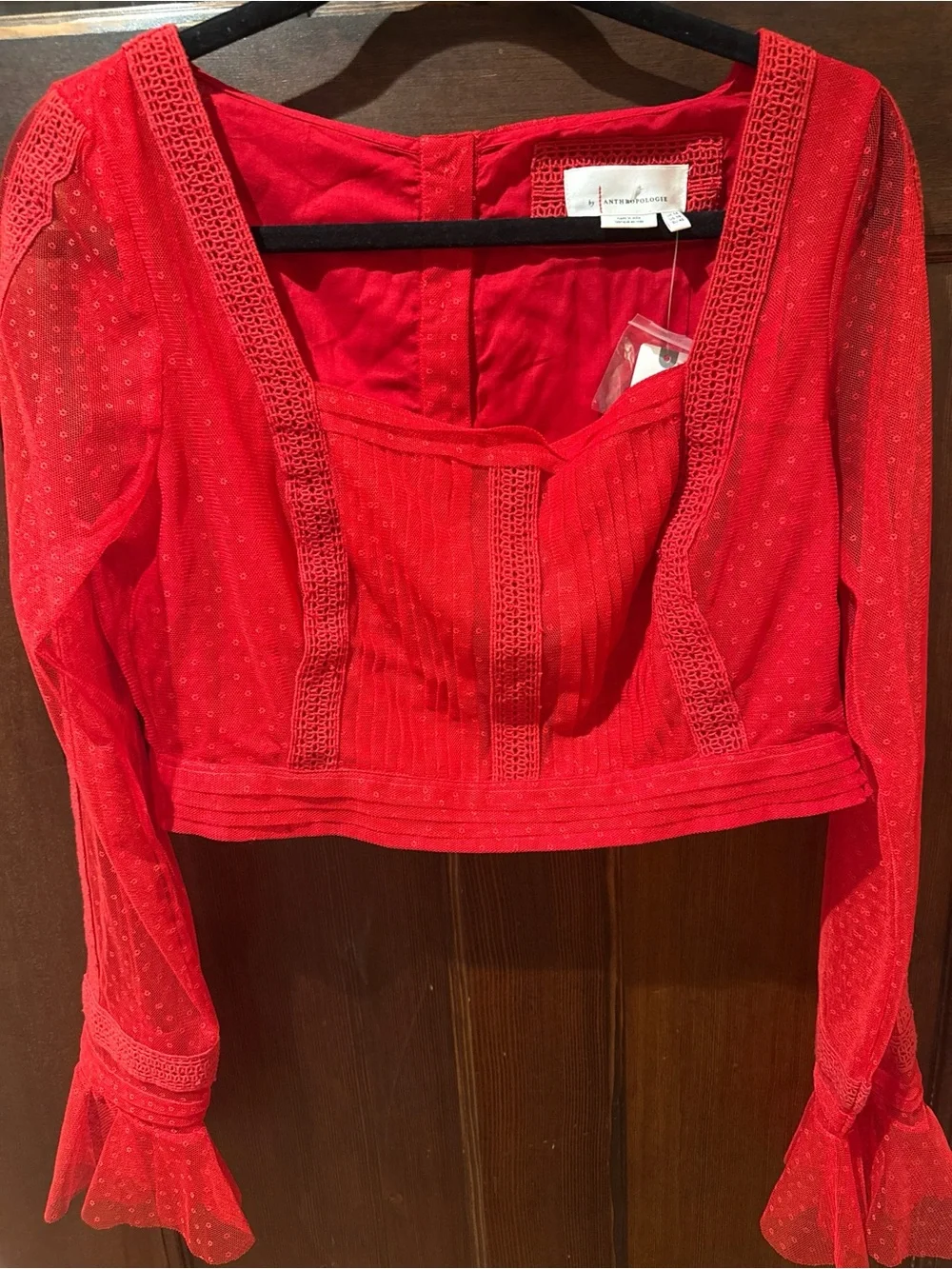 Anthropologie Red Lace Square-Neck Crop Top